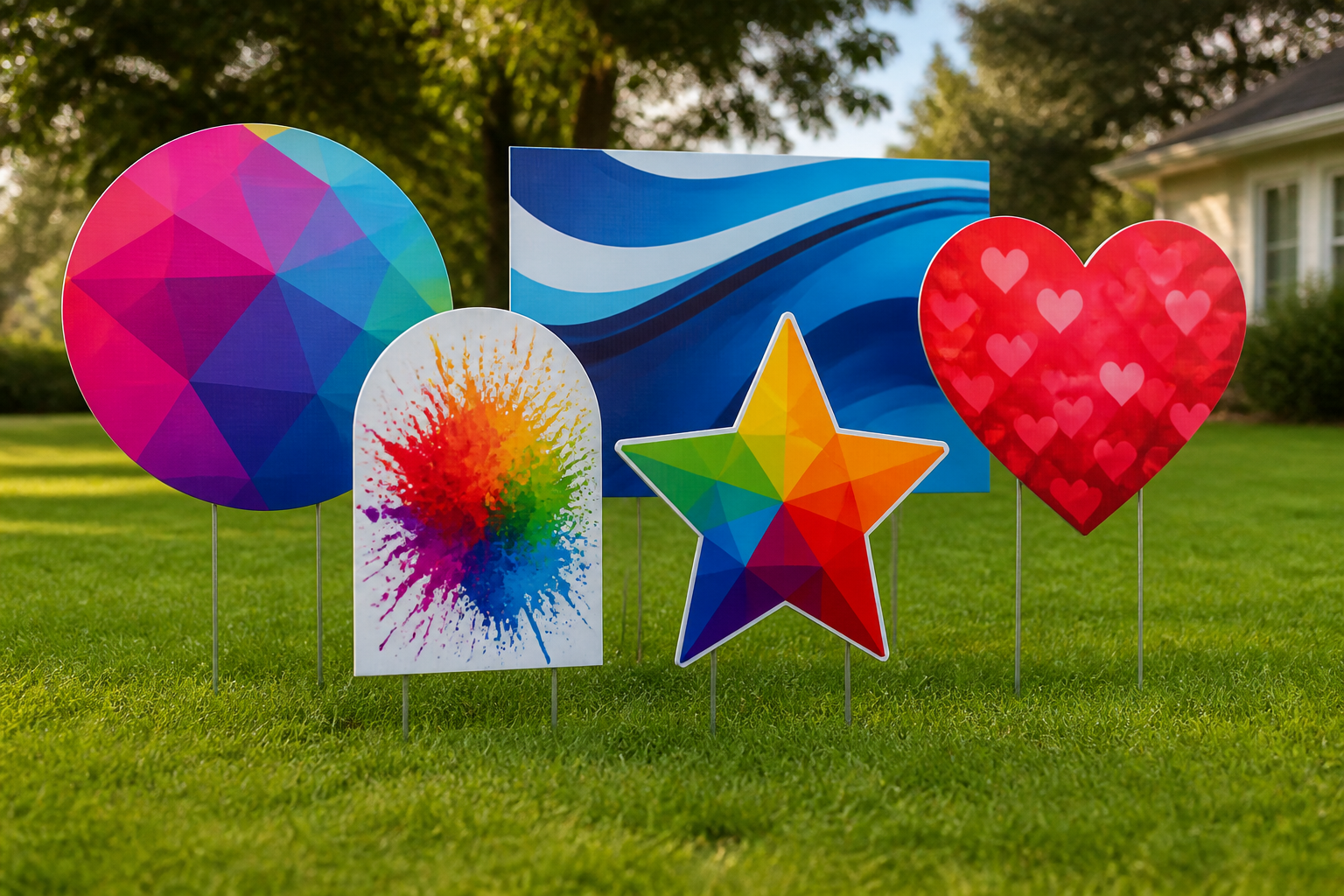 Colorful custom yard signs displayed on a green lawn